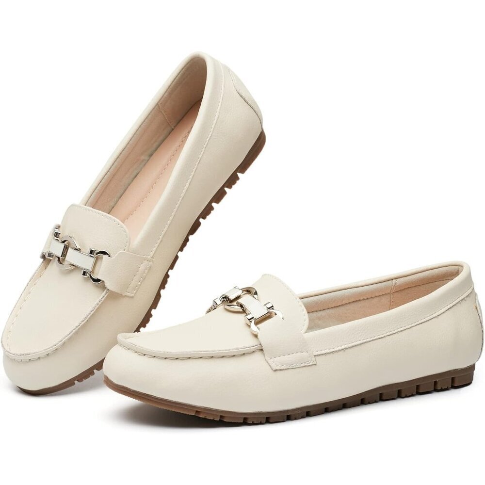 Womens Leather-beige Pebble Leather Slip On Comfort Chunky Heel Lug Sole Loafers